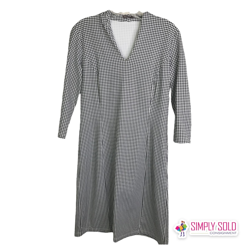 J. McLaughlin Women's A-Line Dress 3/4 Sleeve Black White Gingham Plaid V-Neck S